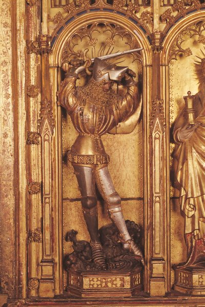 Retablo de la Crucifixión, detalle de San Jorge del panel izquierdo, de la Iglesia de Chartreuse de Champmol, c.1391 de Jacques de Baerze or Baers