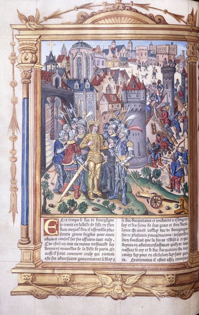Manuscrito iluminado que representa a un rey y su ejército ante una ciudad, 1503-04 de Jacques de Besancon