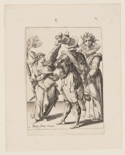 Cupido con los ojos vendados sosteniendo una antorcha ante una pareja, de Las Mascaradas de Jacques de Gheyn II