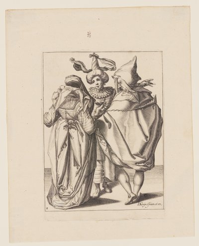 Una pareja se dirige a un joven que gesticula, de Las Mascaradas de Jacques de Gheyn II