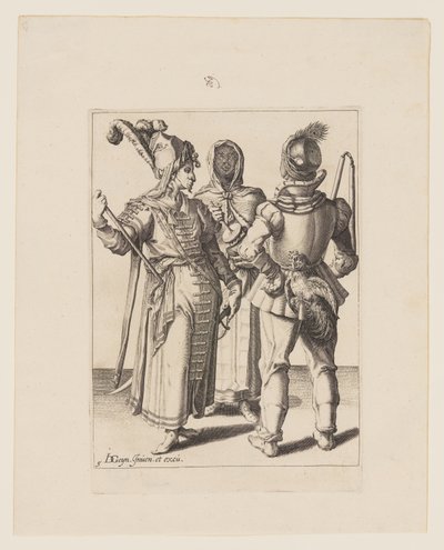 Un Grandee en traje oriental, un hombre con un gallo atado a su cinturón y una mujer con velo tocando el Rumbling-Pot, de Las Mascaradas. de Jacques de Gheyn II