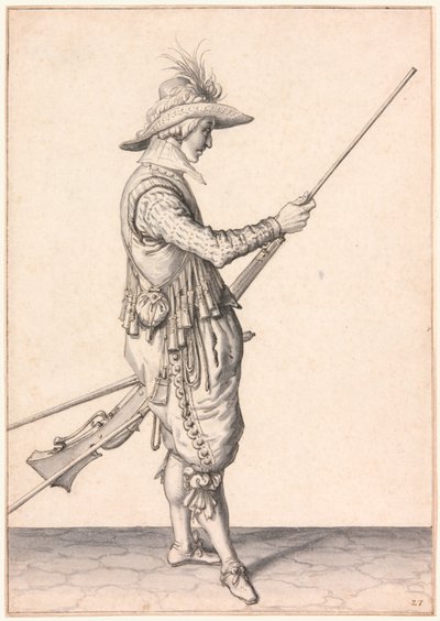 Un soldado cargando un mosquete, "Ramme in Your Pouder" de Jacques de Gheyn II