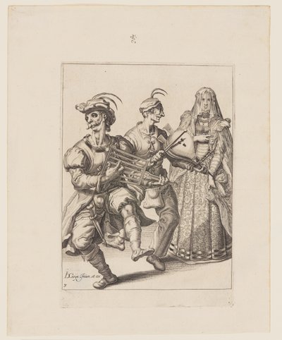 Una mujer velada con dos músicos tocando una plancha y un fuelle, de Las Mascaradas de Jacques de Gheyn II