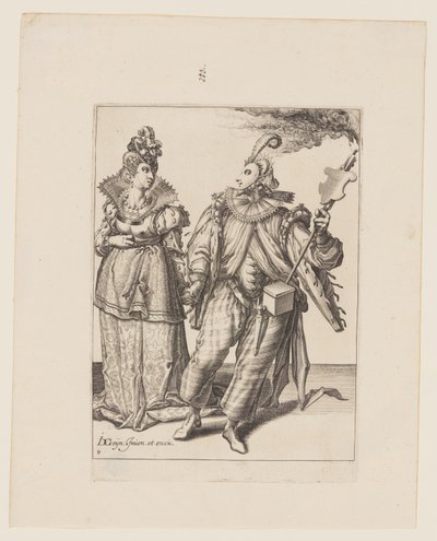 Una mujer guiada por un jugador con una antorcha, de Las Mascaradas de Jacques de Gheyn II
