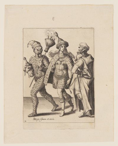 Un viejo mudo se dirige a una pareja vestida con hojas y plumas de ave, de Las mascaradas de Jacques de Gheyn II