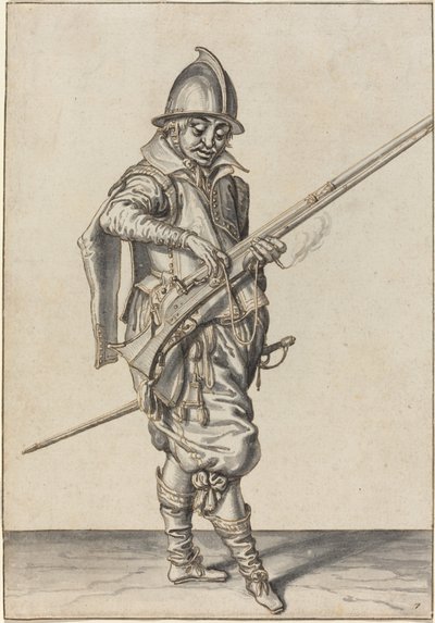 Soldado elegantemente vestido preparándose para disparar su arcabuz de Jacques de Gheyn II