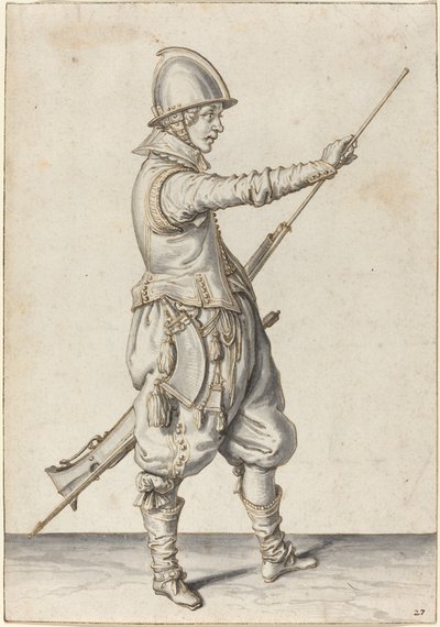 Soldado elegantemente vestido apisonando su caliver de Jacques de Gheyn II