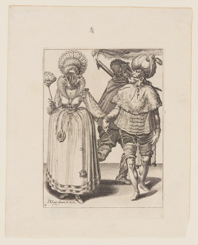 Hombre con turbante guiando a una mujer que lleva plumas de pavo real, detrás de ellos un portador de antorchas, de Las mascaradas. de Jacques de Gheyn II