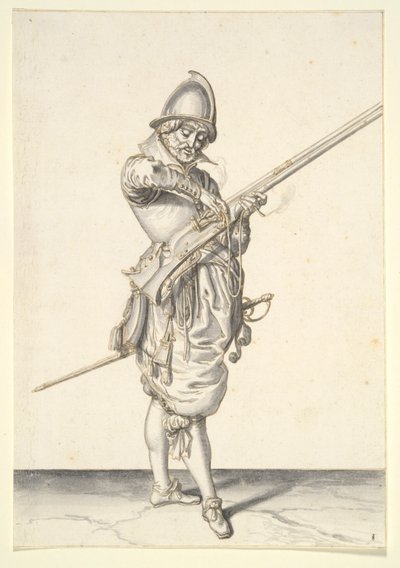 Soldado preparándose para disparar un calibrador de Jacques de Gheyn II