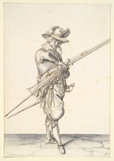 Soldado preparándose para disparar un mosquete de Jacques de Gheyn II