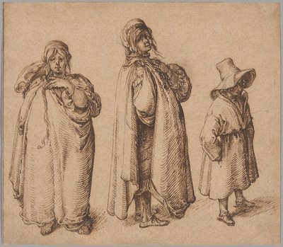 Dos estudios de una mujer gitana y un niño gitano con un gran sombrero de Jacques de Gheyn II