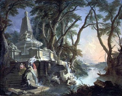La fuente piramidal con una estatua rota de Neptuno, o Paisaje: El río de Jacques de Lajoüe