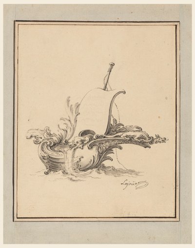 Dibujo de un escudo en forma de barco con vela, para Recueil Nouveau de Differens Cartouches, 1734 de Jacques de Lajoüe