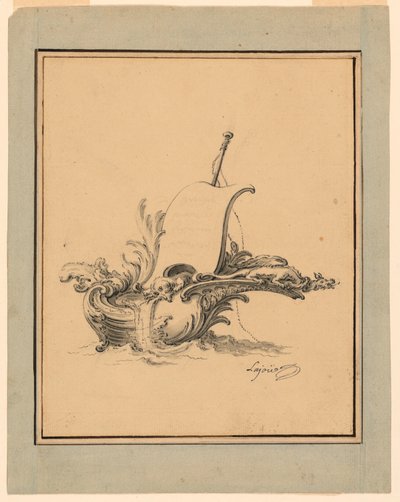 Dibujo de un escudo en forma de barco con vela, para Recueil Nouveau de Differens Cartouches, 1734 de Jacques de Lajoüe