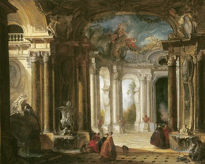 El interior de un palacio barroco con compañía elegante conversando junto a fuentes de Jacques de Lajoüe