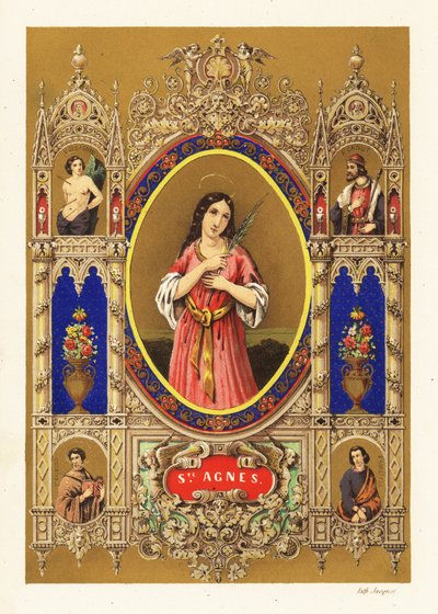 Retrato de Santa Inés de Roma, virgen mártir, con aureola y palma dentro de una orla decorativa de Jacquet Jacquet
