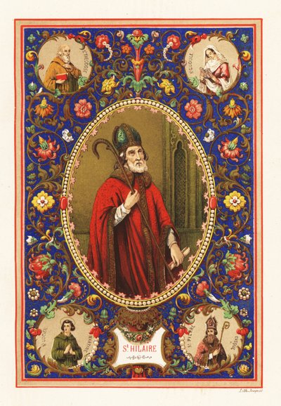 Retrato de San Hilario, obispo de Poitiers, con mitra y báculo, dentro de una orla decorativa de follaje de Jacquet Jacquet