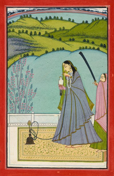 Una dama en una terraza con narguile y halcón, c.1760 (acuarela opaca y oro sobre papel) de Jaimal Har