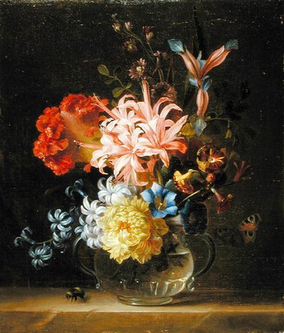 Naturaleza muerta de flores en un jarrón de vidrio, con un abejorro y una mariposa de Jakob Bogdani or Bogdany