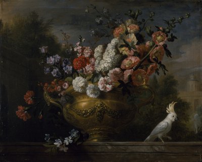 Naturaleza muerta con flores en una urna, con un cacatúa, en un saliente, c.1699 de Jakob Bogdani or Bogdany