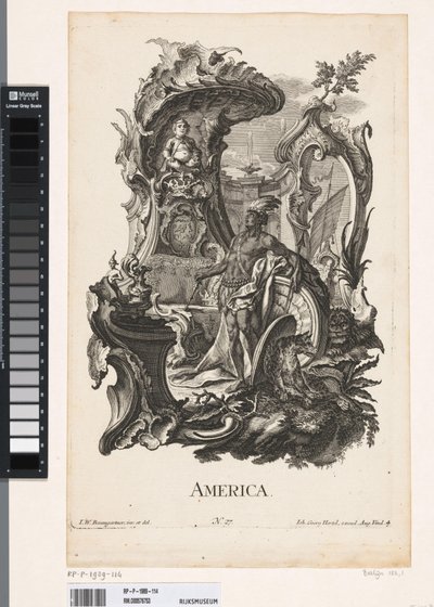 Rocaille con la personificación del continente de América América (título sobre objeto) Los cuatro continentes (título de la serie) de Jakob Gottlieb Thelott