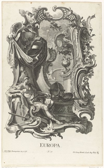 Rocaille con la personificación del continente europeo Europa (título sobre objeto) Los cuatro continentes (título de la serie) de Jakob Gottlieb Thelott