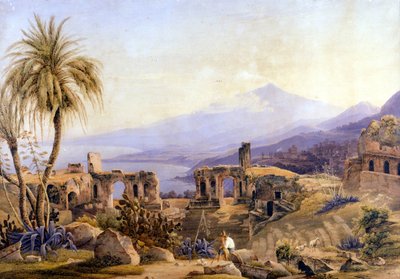Taormina en Sicilia: las ruinas y el Etna. Pintura de Jacob Suter, alrededor de 1850. de Jakob Suter