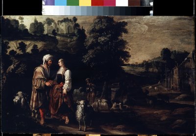 Jacob se encuentra con Raquel en el pozo (Jacob se encuentra con Raquel en el pozo). Pintura de Jacobus (Jacques) Wabbe o Waben (activo entre 1602-1634). Óleo sobre tabla, 38 x 62,5 cm de Jakob Wabbe