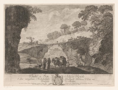 Paisaje de montaña con un puente de madera entre dos rocas de Jakob Wangner