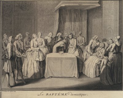 Un bautismo doméstico (grabado) de Jakob van der Schley