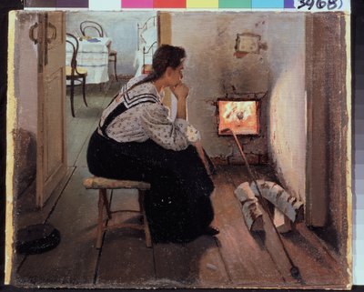 "Pensamientos en la estufa" Una joven sentada pensativa frente al fuego. Pintura de Jakov Kalinichenko (1869-1938) 1897 Estado Regional I. Museo de Arte Pozhalostin, Ryasan de Jakoff Jakovlevitch Kalinitchenko