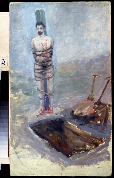 Revolución Rusa de 1905: "La Ejecución" Un condenado atado a un poste cerca de su tumba excavada. Pintura de Jakov Kalinichenko (1869-1938) 1905 Estado Regional I. Museo de Arte Pozhalostin, Ryasan de Jakoff Jakovlevitch Kalinitchenko
