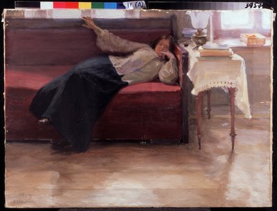 "Canciones", una chica pensativa tumbada en un sofá. Pintura de Jakov Kalinichenko (1869-1938) 1904 State Regional I. Museo de Arte Pozhalostin, Ryasan de Jakoff Jakovlevitch Kalinitchenko