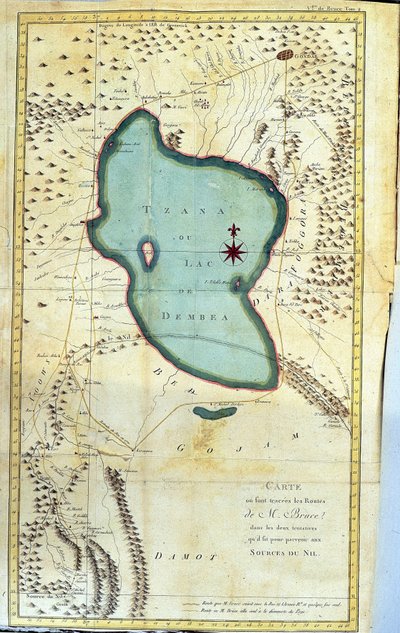 Mapa de la región del Lago Tzana o Lago Dembea (rutas de M. Bruce en sus dos intentos de alcanzar las fuentes del Nilo) - en “Viaje a Nubia y Abisinia emprendido para descubrir las fuentes del Nilo durante los años 1768 a 1772”, por James Bruce, vol. 1, Pa de James Bruce