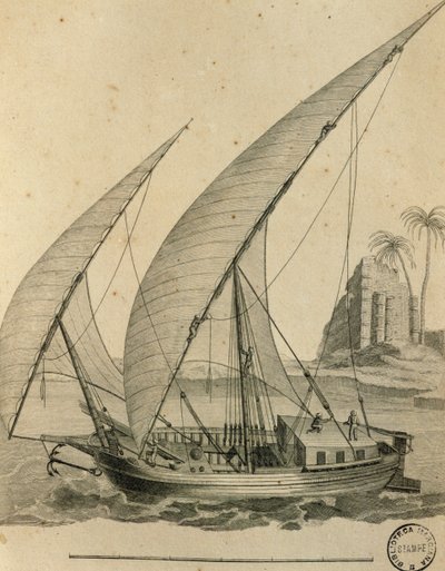 Velero de Nubia, Egipto, grabado de Cartes et figures du Voyage en Nubie et en Abyssinie, James Bruce de James Bruce