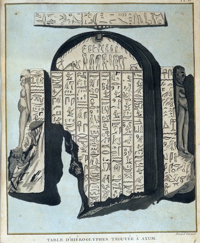 Tabla de jeroglíficos encontrados en Axoum (Aksoum) - en “Viaje a Nubia y Abisinia realizado para descubrir las fuentes del Nilo durante los años 1768 a 1772”, por James Bruce, vol. 1, París de James Bruce