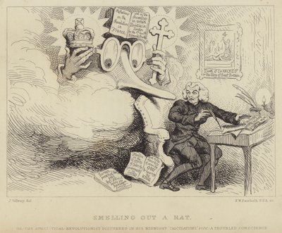 Olfateando una rata: el filósofo galés, predicador inconformista y panfletista Richard Price sorprendido por una nariz gigante con gafas que representa a Edmund Burke atrapándolo en el trabajo rodeado de evidencia de sedición contra la iglesia y el estado de James (after) Gillray