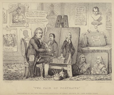 Dos pares de retratos: caricatura anti-Whig que representa a John Henry Tooke con retratos de Charles James Fox personificando el vicio y William Pitt el Joven representando la virtud de James (after) Gillray