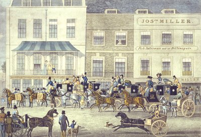 Correo del oeste en la Gloucester Coffee House, Piccadilly, grabado por C. Rosenberg de James (after) Pollard