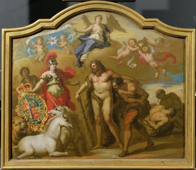 Alegoría del Poder de Gran Bretaña por Tierra, diseño para un panel decorativo para el coche ceremonial de Jorge I, c.1718 de James (attr. to) Thornhill