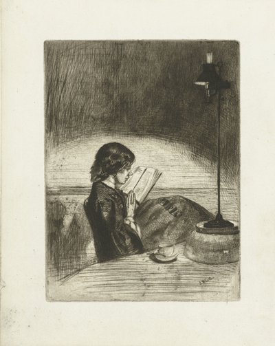 Retrato de Deborah Delano leyendo Lectura a la luz de una lámpara de James Abbott McNeill Whistler