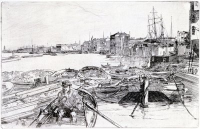 Vista del Támesis, sobre la cuenca de Londres (Inglaterra), en 1859, pertenece a una serie de grabados sobre el Támesis, que pone de relieve la comunidad de trabajadores marítimos de la capital inglesa de James Abbott McNeill Whistler