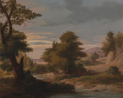 Paisaje fluvial arbolado con madre e hijo de James Arthur O