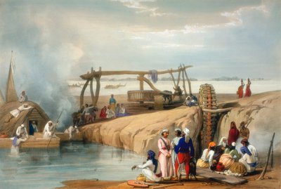 Rueda persa elevando agua del río Sutlej, Punjab, 1842 de James Atkinson