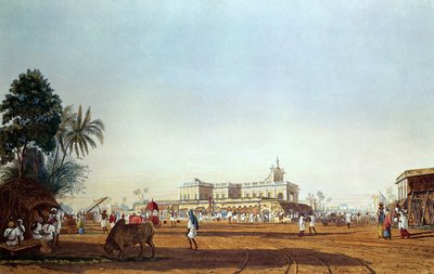 Lall Bazaar y la Capilla Portuguesa, Calcuta, grabado por Robert Havell, publicado en 1824 de James Baillie Fraser