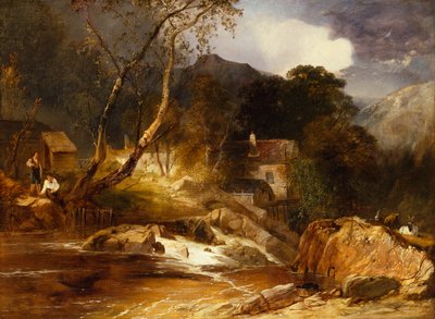 Niños pescando junto a un molino de agua de James Baker Pyne
