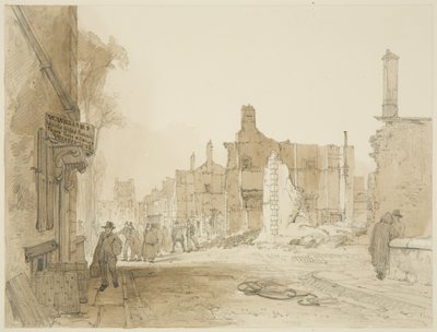 Ruinas de la Mansion House y Custom House en Queen Square después de los disturbios de James Baker Pyne
