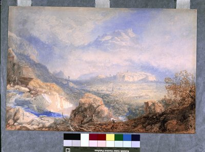 Valle del Ródano con la ciudad y la ciudadela de Sión, en Suiza (acuarela y gouache sobre papel blanco) de James Baker Pyne