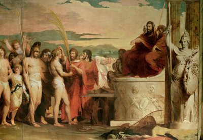 Coronación de los vencedores en Olimpia, tercero en la serie El progreso de la cultura y el conocimiento humano, detalle de los vencedores siendo coronados ante los Hellanodicae, c.1777-84 de James Barry