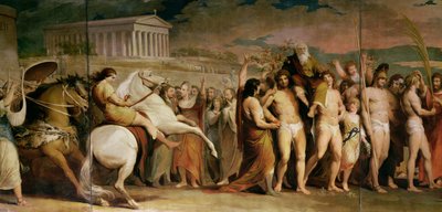 Coronación de los vencedores en Olimpia, tercero de la serie El progreso de la cultura y el conocimiento humano, detalle del panel central mostrando a Diágoras, c.1777-1801 de James Barry